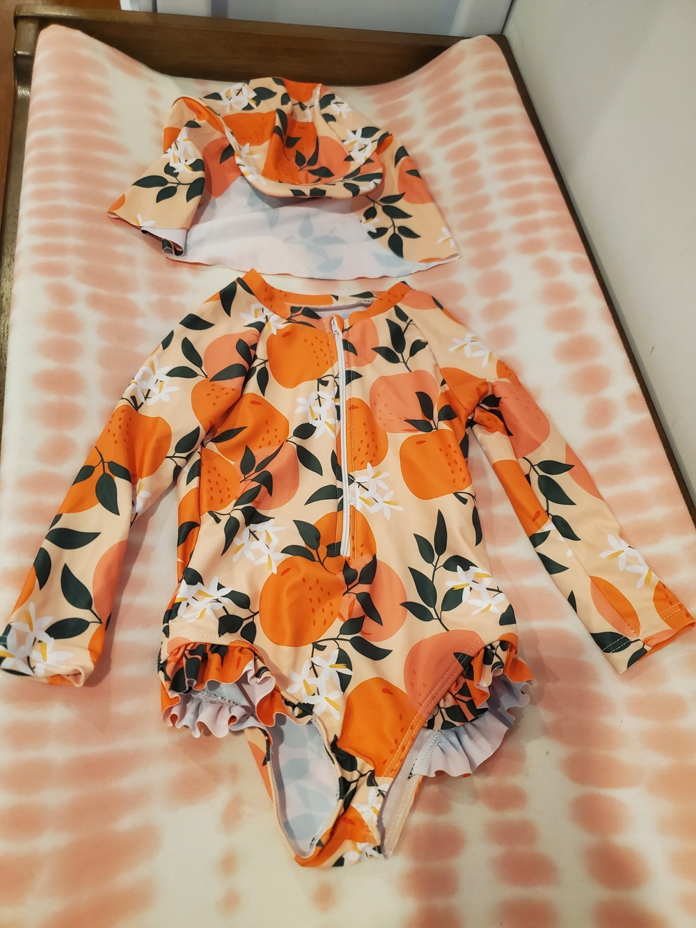 NWOT SHEIN Orange Floral Zip-Front Girls Rash Guard Swimsuit with Hat